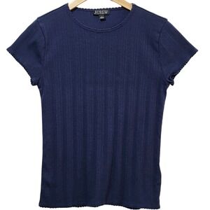 J.Crew Womens Navy Blue Pointelle Scalloped Trim Cotton Short Sleeve Tee L
